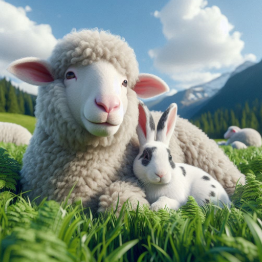 Sheepy and Bunny laying in the meadow