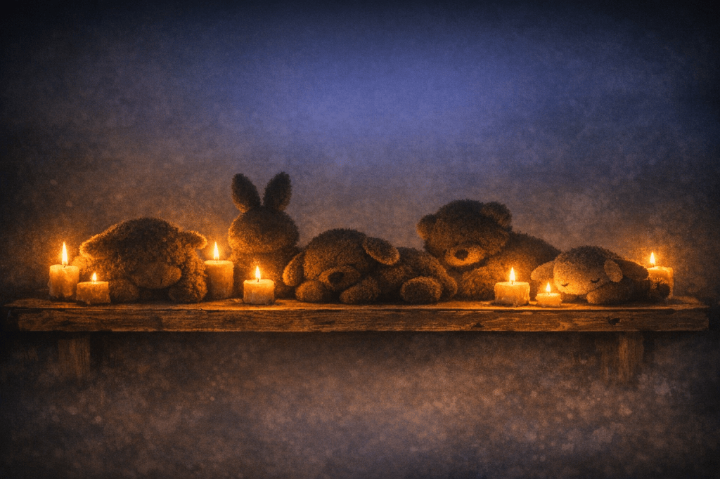 Sleeping plush silhouettes illuminated by candles — the Meadow keeps its sleepers.