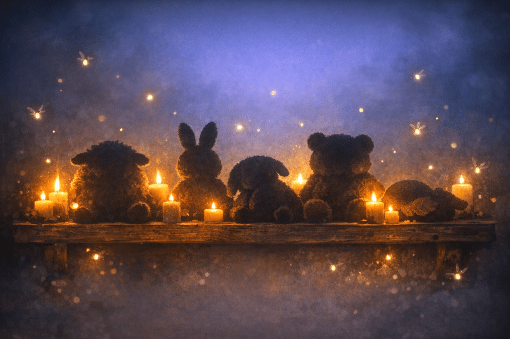 Plush silhouettes illuminated by candles and fireflies — the Meadow opens its shelf.